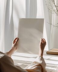 A woman female artist hands holding a blank A4 210 x 297 art print mockup, in a minimal neutral interior, with sunlight streaming though window casting shadows.