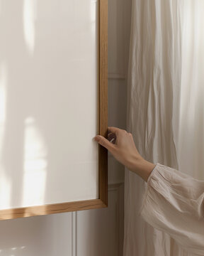 A woman female artist holding a blank wood oak thin framed 50x70, 20x28, art print mockup, in a minimal neutral interior. Closeup detail of corner. Sunlight streams in through window