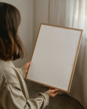 A woman female artist with short dark hair facing away from the camera holding a blank wood oak thin framed 30x40, 12x16 art print mockup, in a minimal neutral interior
