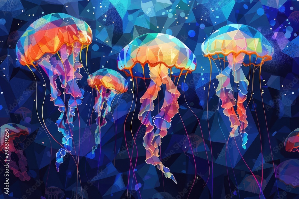 Poster a group of jellyfish floating in the ocean. perfect for marine life concepts