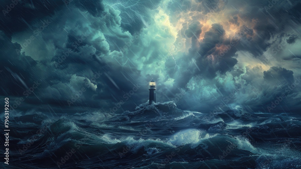 Poster A lighthouse standing strong in the midst of a stormy ocean. Ideal for illustrating resilience and guidance