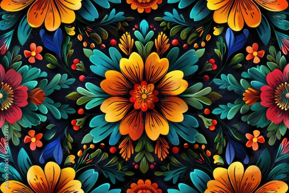 Poster vibrant flowers arranged in a pattern on a dark backdrop. ideal for floral design projects