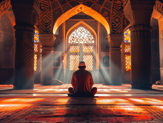 In the soft light of dawn, an individual is immersed in prayer within the tranquil space of a mosque, a scene of deep spiritual reflection