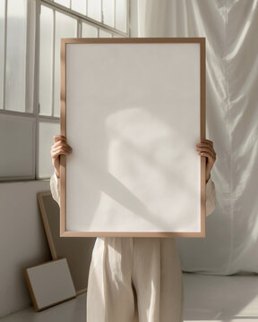 A woman female artist holding a blank wood oak thin framed 20x28, 50x70 art print mockup, in a minimal neutral interior, with dappled sunlight from window