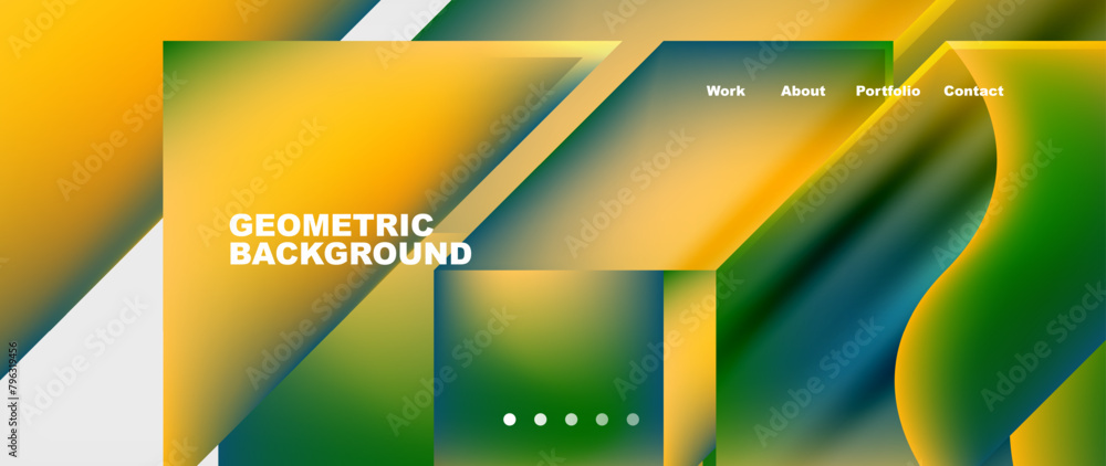 Aufkleber The geometric background features a gradient of yellow and green colors in rectangles and triangles. It provides a modern and vibrant backdrop for technology gadgets and multimedia displays