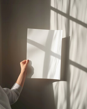 A woman female artist hands holding a blank A4 210 x 297 art print mockup, in a minimal neutral interior, with sunlight streaming though window casting shadows