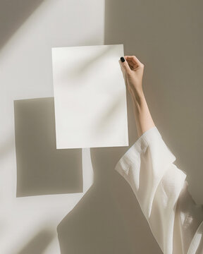 A woman female artist hands holding a blank A4 210 x 297 art print mockup, in a minimal neutral interior, with sunlight streaming though window casting shadows