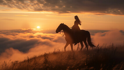 Kobieta jadąca na koniu poprzez wzgórze o zachodzie słońca - obrazy, fototapety, plakaty