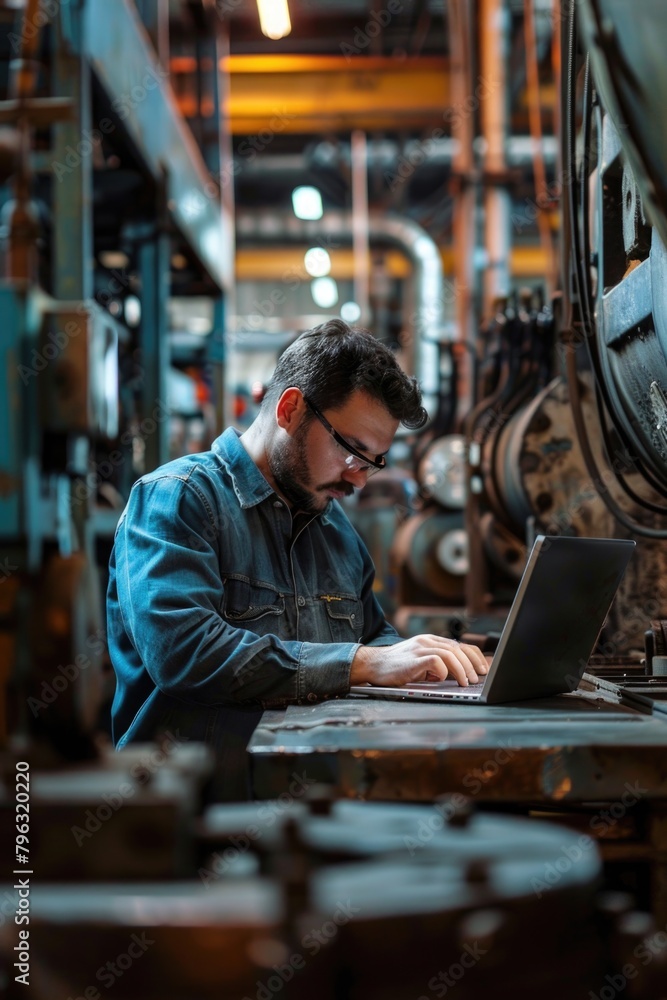 Poster man using laptop in industrial setting, suitable for technology and manufacturing concepts
