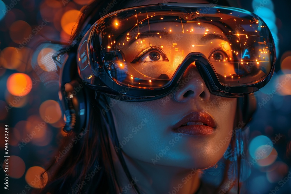 Poster a side view of a woman exploring a virtual interface through a futuristic vr headset amidst colorful
