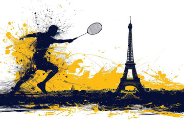 Yellow watercolor paint of badminton player hits shuttlecock by eiffel tower
