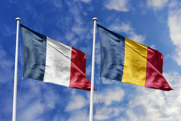 3d illustration. France and Chad Flag waving in sky. High detailed waving flag. 3D render. Waving...