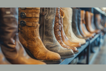 A close-up shot of a line of high end boots in a  fashion store, using a shallow depth of field to blur the background and emphasize the leather textures and decoration, muted color tone.