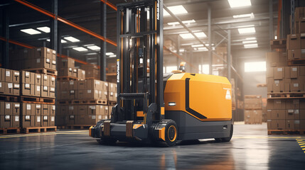 automatic forklift doing storage in warehouse, robotic work in industrial logistics with the help of artificial intelligence 
