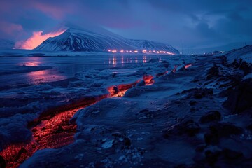 A stunning nighttime landscape of a mountain and body of water. Perfect for nature enthusiasts