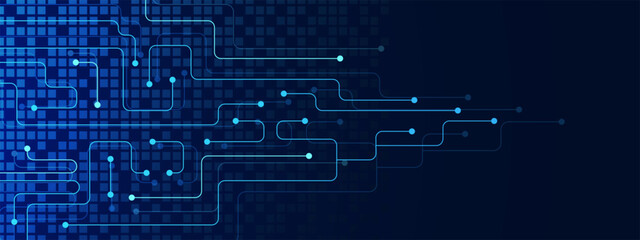 Abstract network connection with connecting dots lines. Circuit board technology futuristic. Global communication concept with digital pixels on dark blue background.