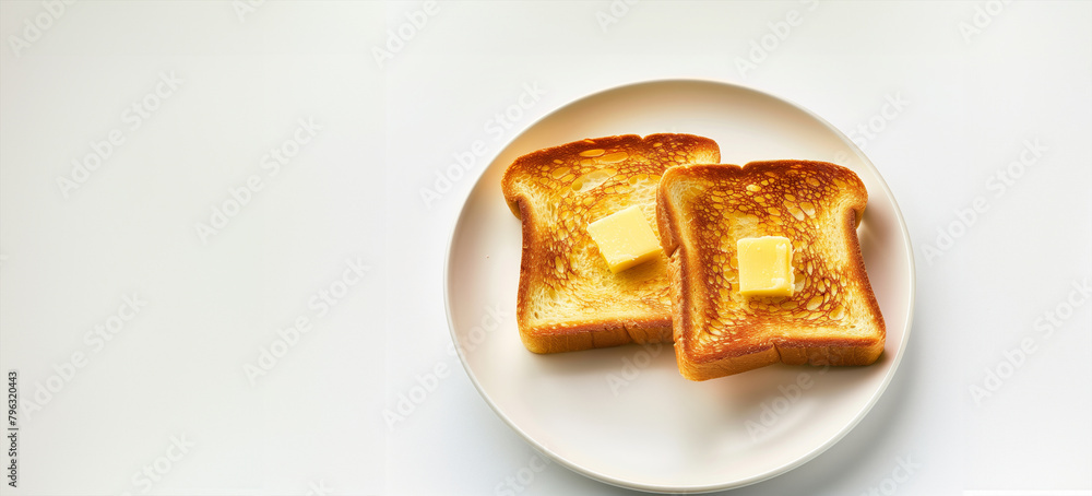 Poster two slices of toast with a piece of butter on top. the butter is slightly melted and the toast is go