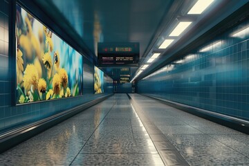 Obraz premium A subway station with a blue tiled floor, suitable for urban transportation themes