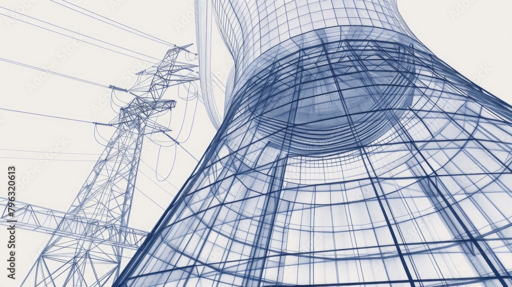 Poster a drawing of a large tower with power lines in the background. suitable for urban and industrial the
