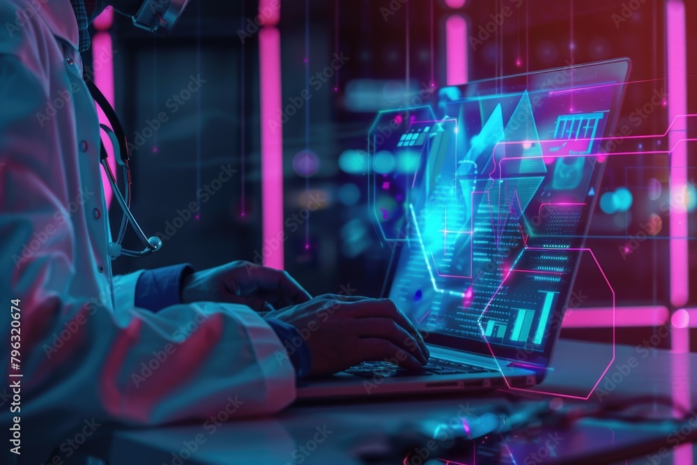 Aufkleber A man in a lab coat using a laptop, suitable for science or technology concepts