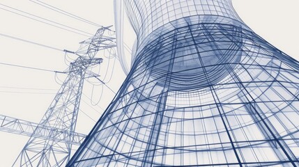 A drawing of a large tower with power lines in the background. Suitable for urban and industrial themes