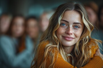 Obraz premium Close-up image of a young woman with blue eyes and freckles, wearing a mustard sweater, smiling at the camera with a blurry background