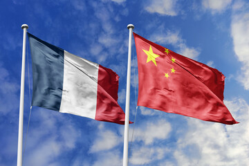 3d illustration. France and China Flag waving in sky. High detailed waving flag. 3D render. Waving in sky. Flags fluttered in the cloudy sky.