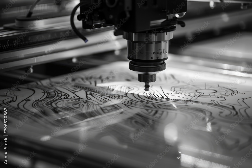 Poster close up of a machine with a drawing, suitable for industrial or artistic concepts