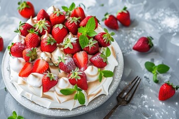 Delicious cake topped with fresh strawberries and whipped cream, perfect for dessert menus