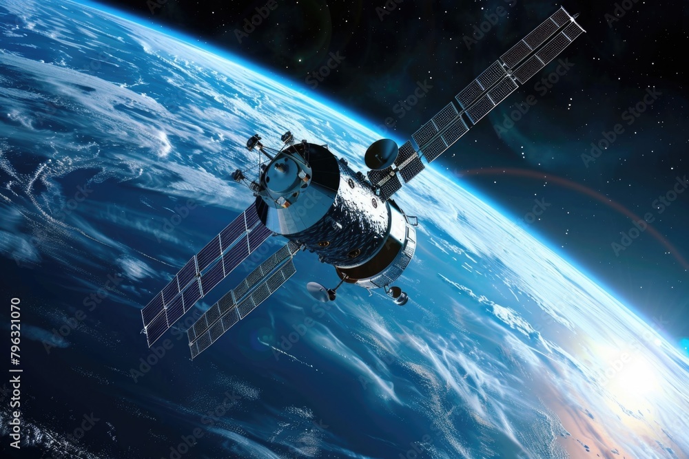 Poster A space station floating in the middle of the Earth. Suitable for science fiction concepts
