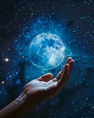 A realistic photo of a hand holding the moon in the palm of their hand with a starry background