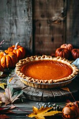 Fototapeta premium A close up of a pumpkin pie on a wooden table. There are pumpkins and fall leaves around the pie