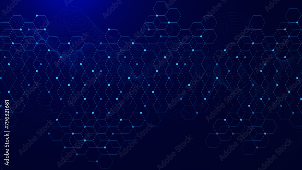 Poster abstract geometric with hexagon pattern and glowing particles. molecule structure, communication, sc