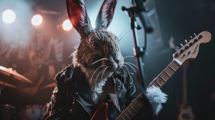 A cute rabbit playing guitar, suitable for music-related designs - obrazy, fototapety, plakaty
