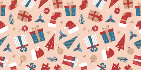 Christmas and New Year's Day seamless pattern with flat drawings, symbols of the winter holidays, wrapping paper. Vector illustration.