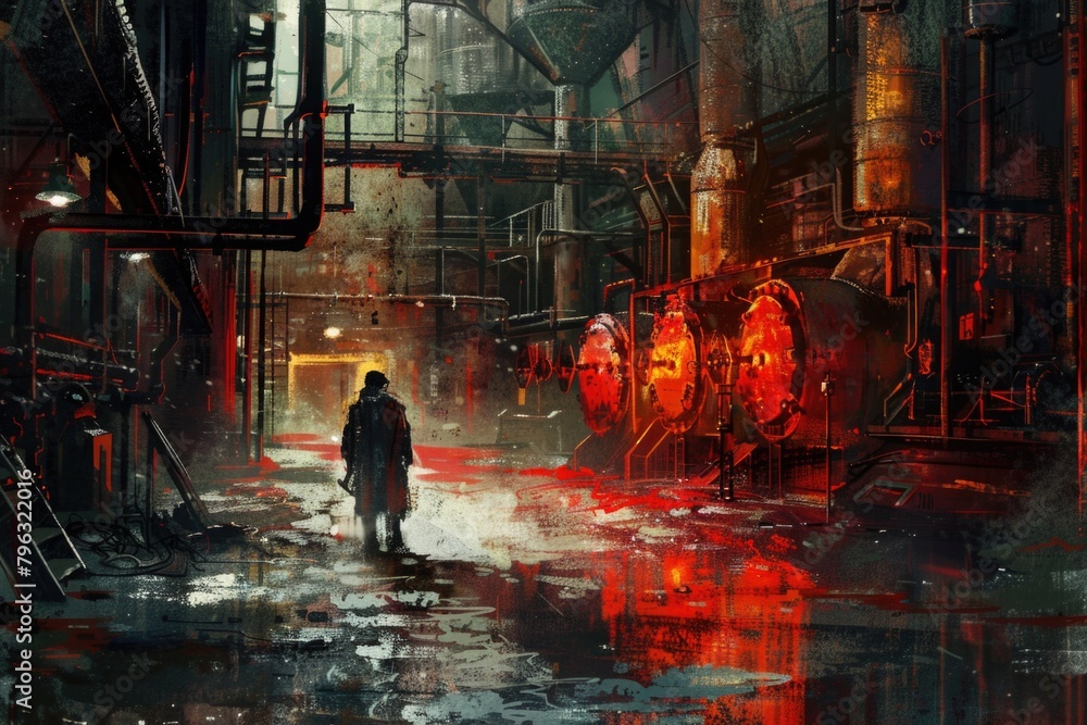 Wall mural A man walking down a wet street in the city. Suitable for urban lifestyle themes