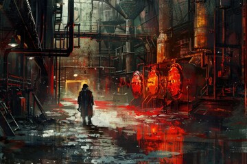 A man walking down a wet street in the city. Suitable for urban lifestyle themes