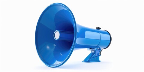 Obraz premium A blue megaphone on a white background. Perfect for announcements or communication concepts