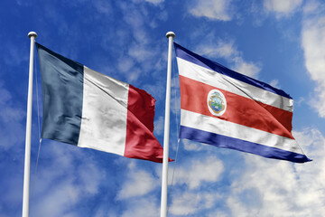 3d illustration. France and Costa Rica Flag waving in sky. High detailed waving flag. 3D render....