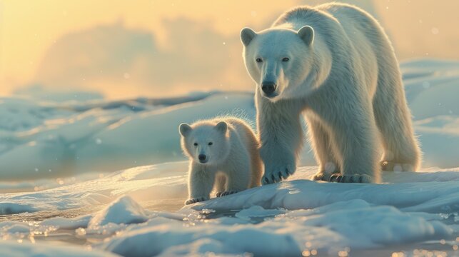 Mother polar bear with two cubs, suitable for wildlife and family concepts