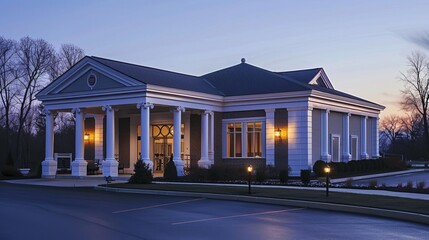 The front of a modern funeral home at dusk