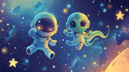 cartoon astronaut floating in space with a cute alien on a backdrop of twinkling stars, cover for notebook 