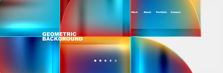 A publication featuring a colorful geometric background with squares and circles in shades of electric blue and magenta on a white backdrop