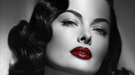 A stunning black and white image of a Hollywood starlet her flawless complexion and classic red lipstick stealing the show at a prestigious film industry event. . - obrazy, fototapety, plakaty