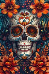 Colorful sugar skull surrounded by vibrant flowers and leaves, perfect for Dia de los Muertos celebrations or Halloween decorations