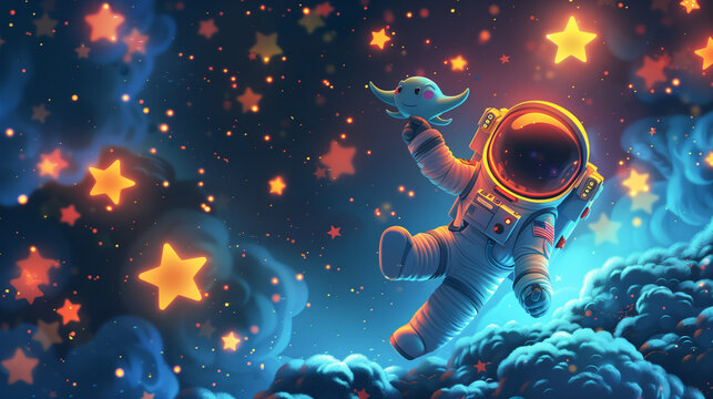 Cartoon astronaut floating in space with a cute alien on a backdrop of twinkling stars