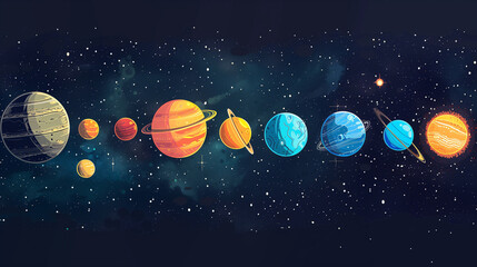 vibrant illustration of the solar system with colorful planets in a row against a dark starry background