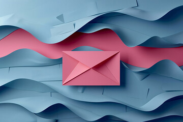 A pink envelope is sitting on top of a blue wave