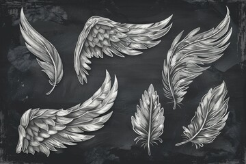 Drawing of wings on a chalkboard, suitable for educational or artistic concepts - obrazy, fototapety, plakaty