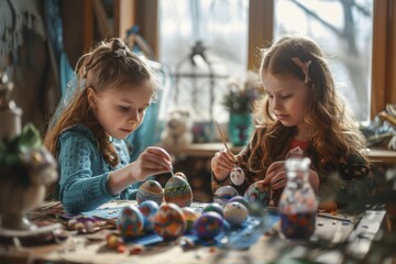Two little girls painting colorful Easter eggs on a table. Perfect for Easter holiday designs